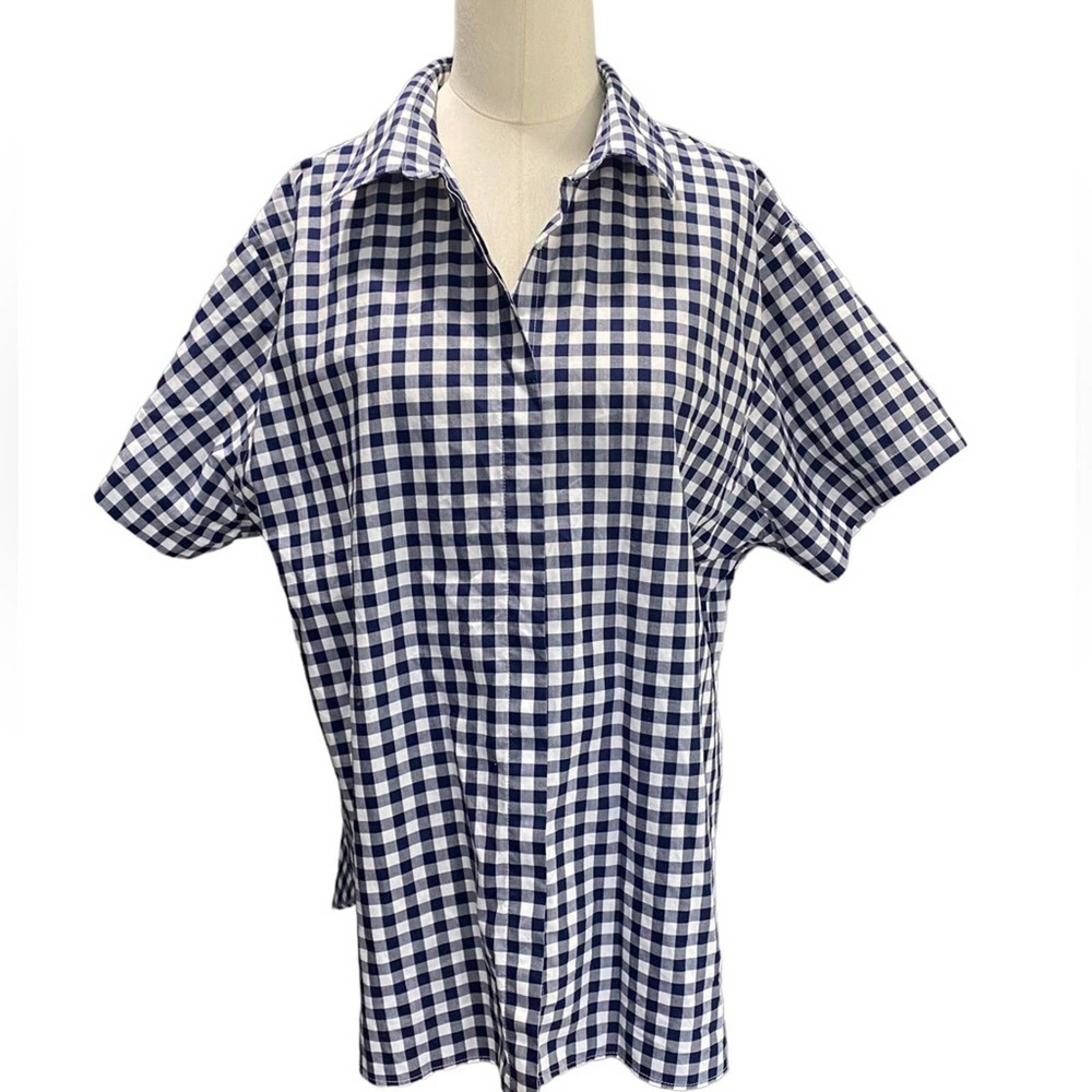 Lands End Womens Navy White Gingham Button front Shirt Wrinkle free 18 Petite